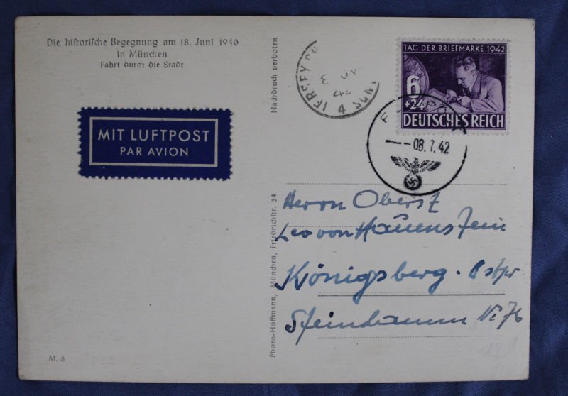 1942 German Postcard Hitler & Mussolini in Staff Car Mailed From Jersey Channel Islands — image 2