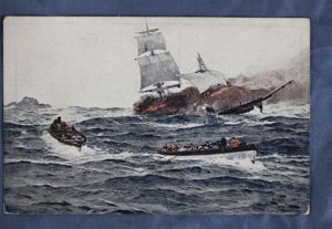 WWI German U-Boat Sinking Sailing Ship Postcard