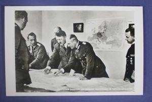 WWII German Postcard Hitler Reading Map with Staff