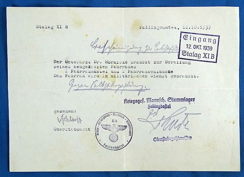 1939 Entrance Pass for Stalag XI B with Leave Document — image 2