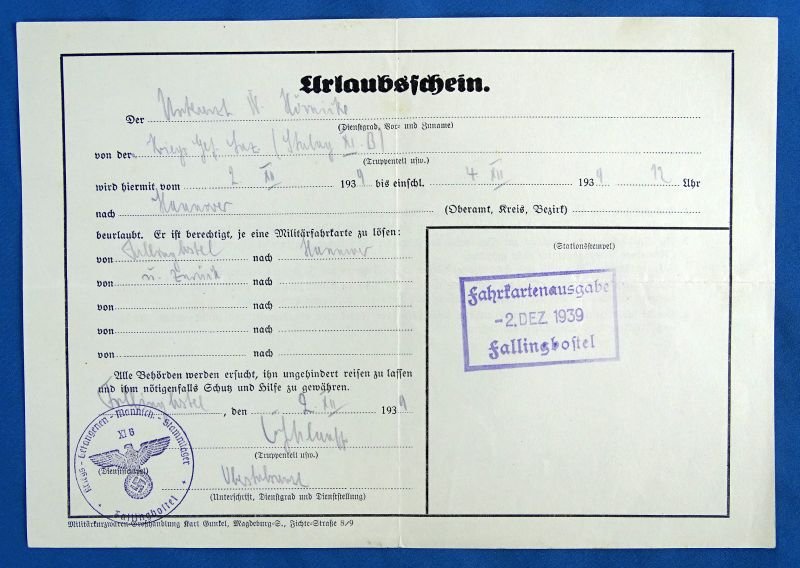 1939 Entrance Pass for Stalag XI B with Leave Document — image 3