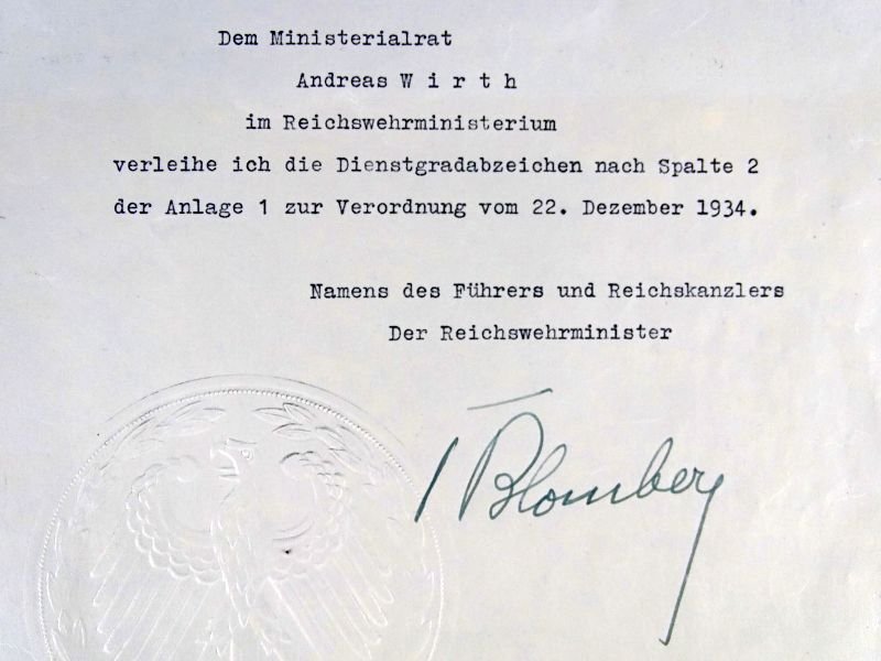 1935 Promotion Document Signed by Reich Minister of War and Armed Forces Commander Werner von Blomberg — image 2