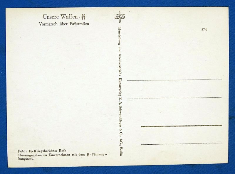 Waffen SS Propaganda Postcard: 'Vormarsch Uber Pastrassen' ('Advance Over Mountain Passes') — image 2