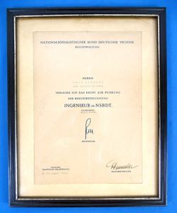 Framed 1943 National Socialist Engineering Association Document Signed by Gebhard …