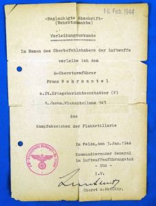 1944 Award Document for the Luftwaffe Flak Badge to an …