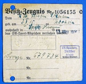 1936 Besitz-Zegunis for the SA Sports Badge in Bronze