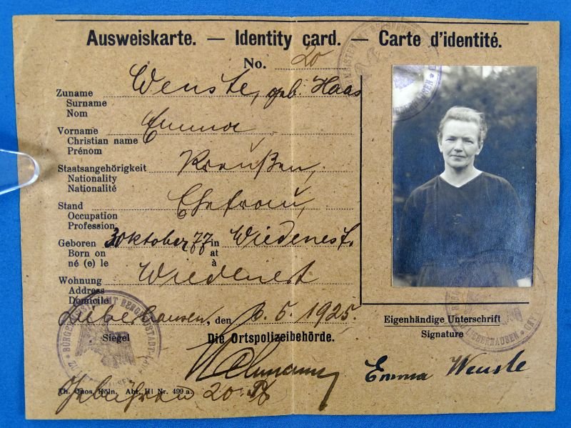 Post WWI German Husband and Wife Identification Cards with a French Military Stamp. — image 3