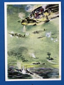 German Propaganda Postcard: 'Combat Planes Attack Convoy'