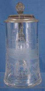 Imperial German Glass Stein With Etched Steamship
