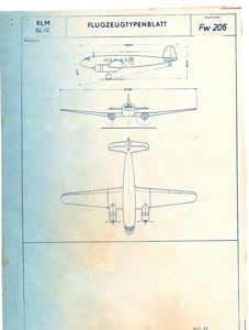 Luftwaffe Aircraft Blueprint Sheet for the Prototype Focke-Wulf Fw 206