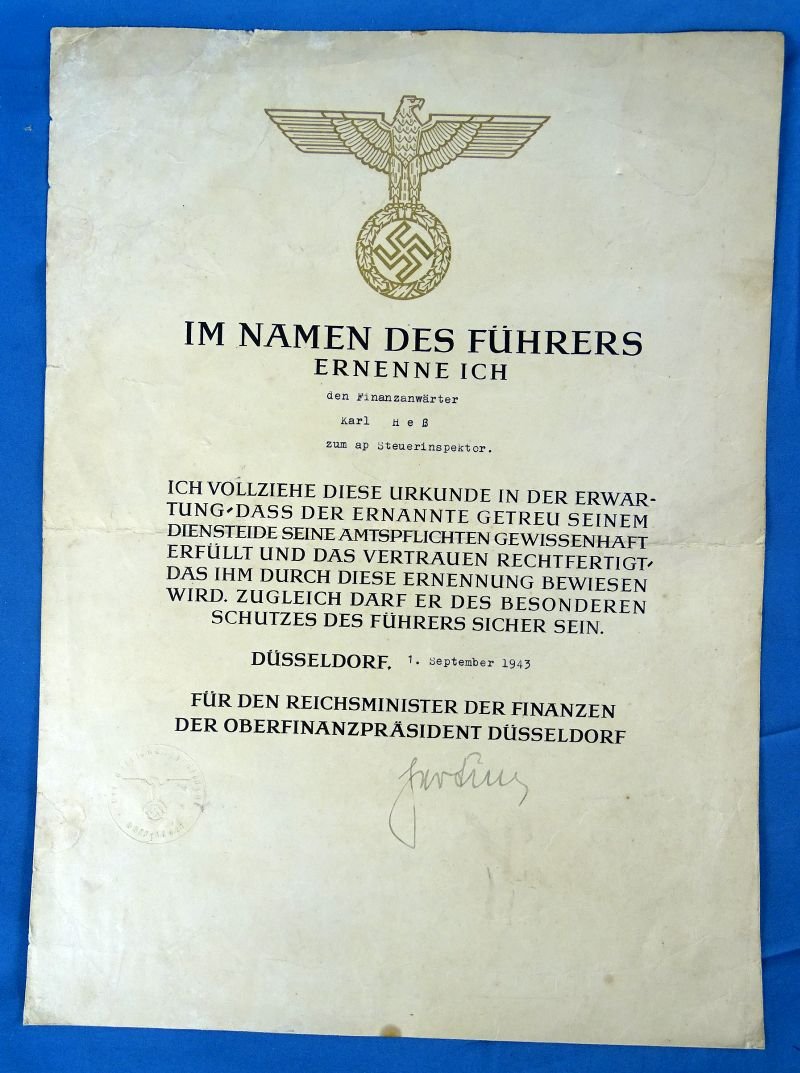 Third Reich Anti Partisan Badge Award Document and Civil Tax Inspector Appointment Group of One Man — image 2