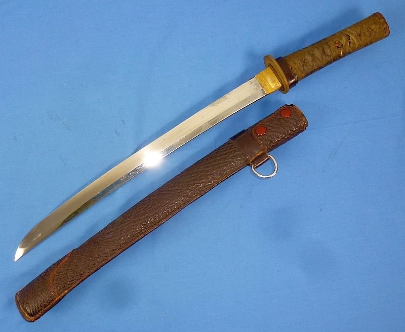 WWII Japanese Wakizashi In Leather Covered Scabbard For Use By Tank or Pilot Officer's — image 3