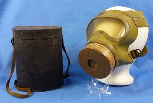 WWII Japanese Civil Defense Gas Mask in Metal Carrying Canister