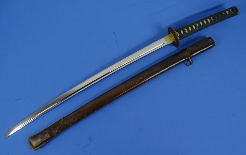 Signed Japanese Katana in Civilian Mounts with Leather Combat Scabbard Cover — image 2