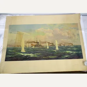 Large Japanese Navy Battle Scene Print by Tojio Shotaro