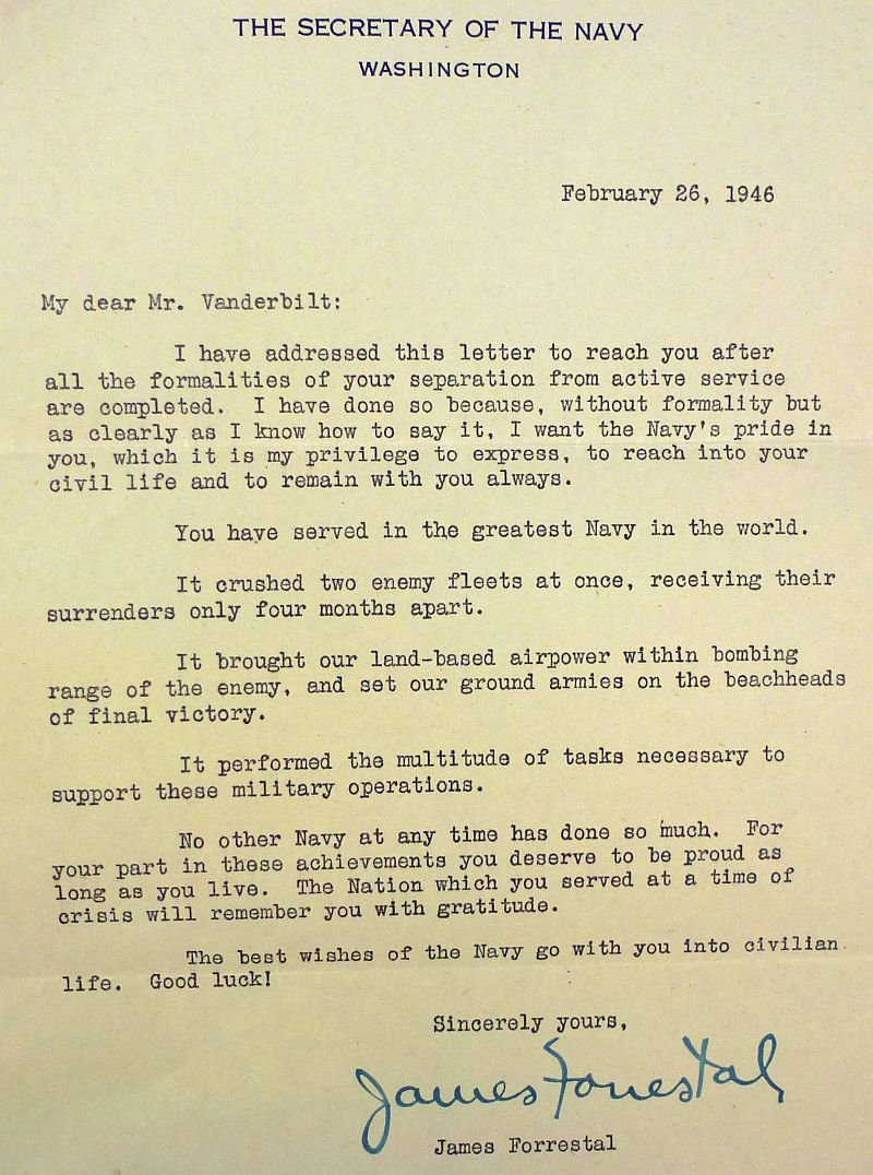 1946 Secretary of the Navy James Forrestal Signed Gratitude Letter to a U.S. Navy Veteran — image 2