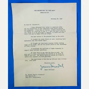 1946 Secretary of the Navy James Forrestal Signed Gratitude Letter …