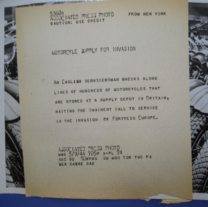 WWII Associated Press Photo Motorcycle Supply For Invasion 9 x 7-1/4″ — image 2