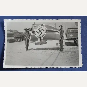 WWII Photo Two GIs with German Battle Flag 3-1/4 x …