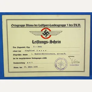 1936 DLV Deutscher Luftsport Verband Certificate of Performance