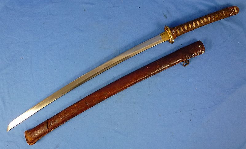 Signed WWII Shin Gunto Army Officer Sword in a Leather Combat Cover — image 2