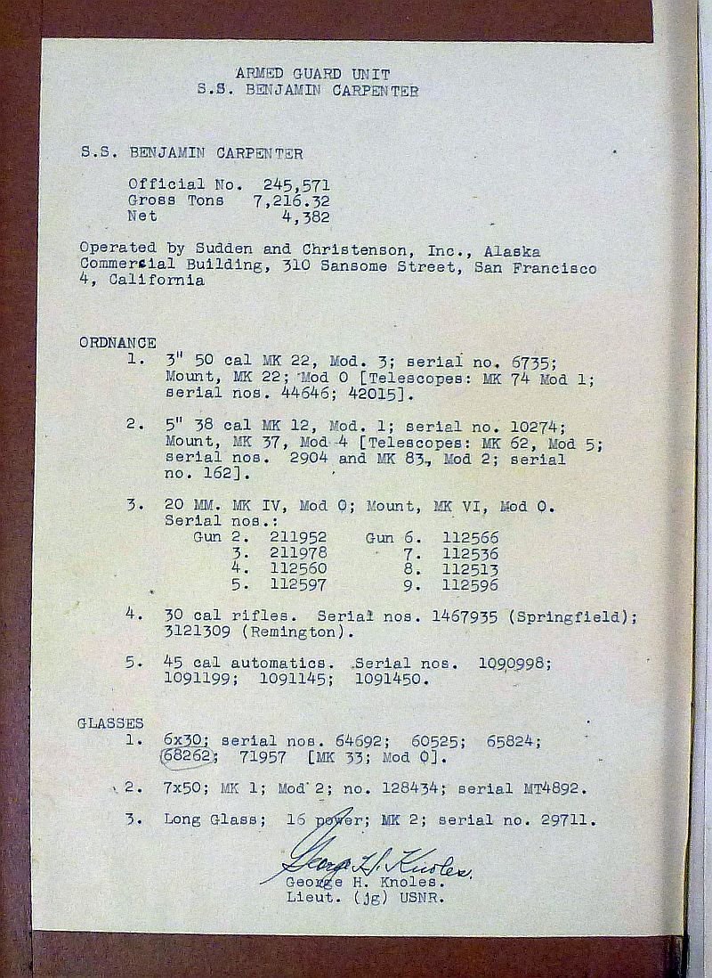 Log of the Armed Guard Detachment of the WWII Liberty Ship 'S.S. Benjamin Carpenter' — image 2