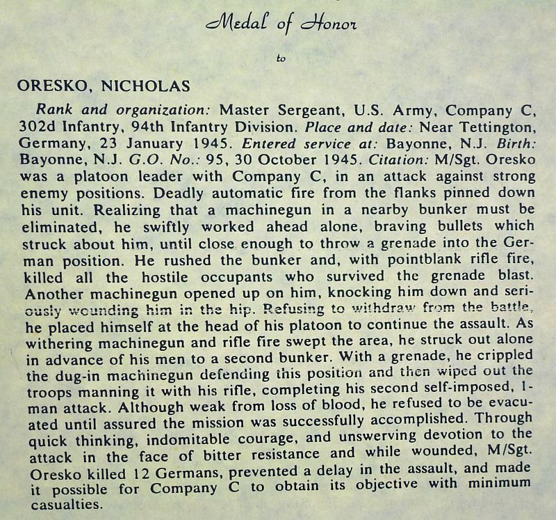 Autograph of WWII Medal of Honor Recipient U.S. Army Master Sergeant Nicholas Oresko — image 3