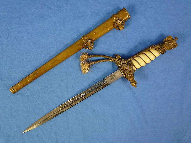 Untouched and Uncleaned Kriegsmarine Officer Dagger with Etched Blade by E. & F. Horster — image 2