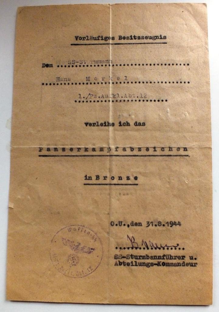 1.Komp.12th SS  HITLERJUGEND AUFKLARUNGS ABTEILUNG CITATIONS SS-STURMBANNFUHRER BREMER SIGNAURE — image 3