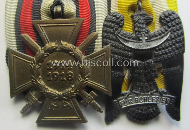 2-pieced (post) WWI-period medal-bar (ie. 'Spange') showing resp. a: 'FKK 1914-18 mit Schwn.' and a: a: 'Schlesisches Bewährungsabzeichen der II. Kl.' (or: 'Schlesischer Adler 2. Stufe') that both come period-mounted as a: 'Doppelspange' — image 2