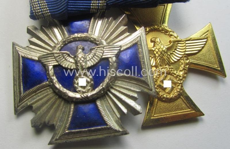 2-pieced, N.S.D.A.P.- and/or: 'Polizei'-related) medal-bar (ie. 'Spange') showing resp. a: 'N.S.D.A.P.-D.A. in Silber' (ie. '2. Stf. für 15 Jahre t.D.') and 'Pol.-Dienstauszeichnung 1. Stf.' that both come period-mounted as a: 'Doppelspange' — image 2