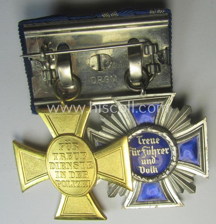2-pieced, N.S.D.A.P.- and/or: 'Polizei'-related) medal-bar (ie. 'Spange') showing resp. a: 'N.S.D.A.P.-D.A. in Silber' (ie. '2. Stf. für 15 Jahre t.D.') and 'Pol.-Dienstauszeichnung 1. Stf.' that both come period-mounted as a: 'Doppelspange' — image 4