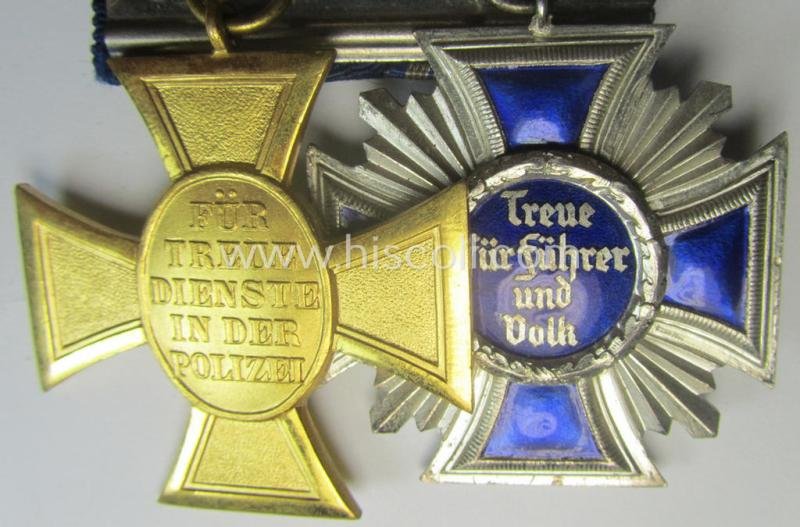 2-pieced, N.S.D.A.P.- and/or: 'Polizei'-related) medal-bar (ie. 'Spange') showing resp. a: 'N.S.D.A.P.-D.A. in Silber' (ie. '2. Stf. für 15 Jahre t.D.') and 'Pol.-Dienstauszeichnung 1. Stf.' that both come period-mounted as a: 'Doppelspange' — image 5