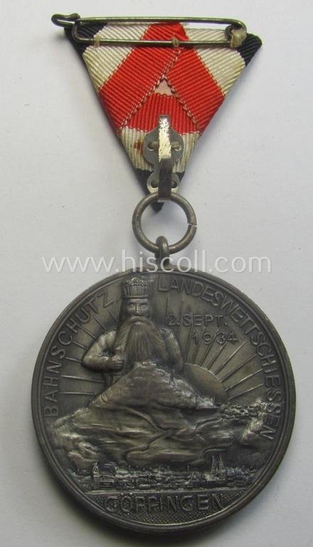Most certainly unusually found, silver-toned, 'Bahnschutz'- (ie. railway-protection-service-) related commemorative shooting-contest medal entitled: 'Bahnschutz Landeswettschiessen - Göppingen - 2.Sept. 1934' — image 4
