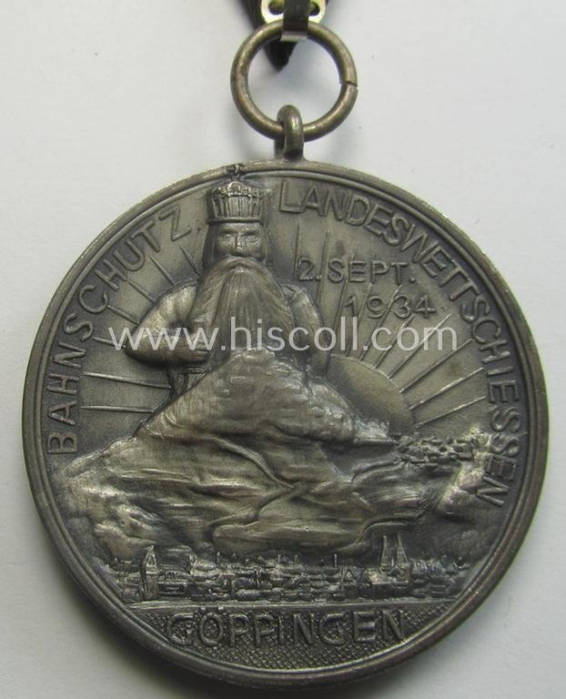 Most certainly unusually found, silver-toned, 'Bahnschutz'- (ie. railway-protection-service-) related commemorative shooting-contest medal entitled: 'Bahnschutz Landeswettschiessen - Göppingen - 2.Sept. 1934' — image 5