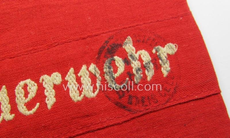 Very unusual - and most certainly not often seen! - EM- (ie. NCO-) pattern (I deem) 'Reichsluftschutzbund' (ie. 'RLB'-) service-armband showing the interwoven text: 'Pflichtfeuerwehr' — image 2