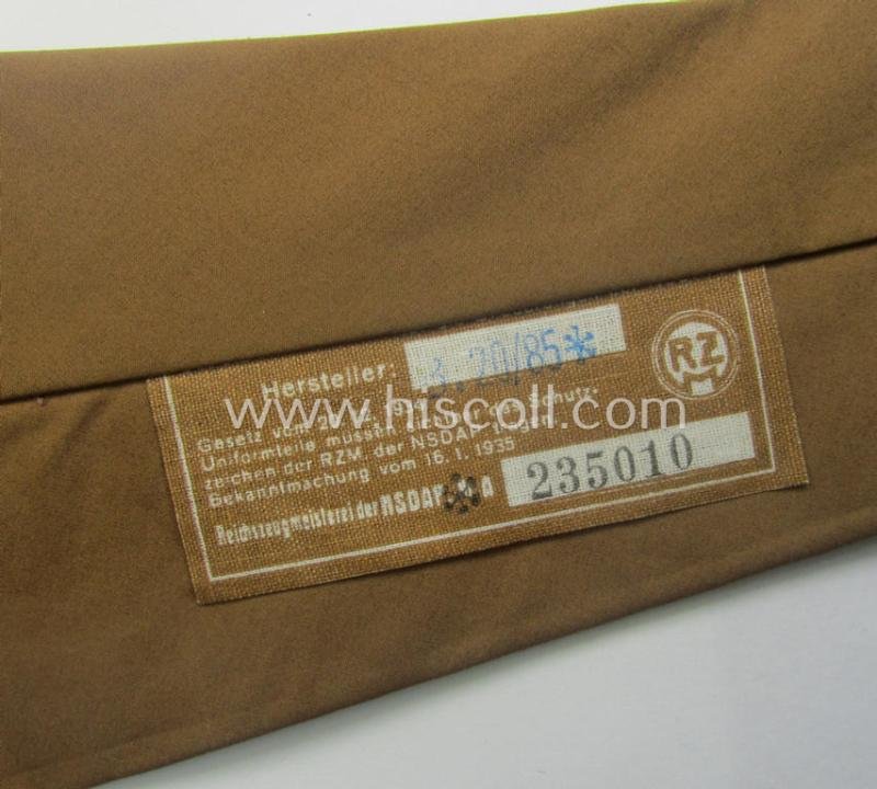 'Generic'-styled, N.S.D.A.P. (SA etc.) 'standard'-pattern, mustard-brown-coloured and/or linnen-based tie ('Krawatte') being a 'virtually mint- ie. unissued' example that still retains is period (linnen-based) 'RzM'-etiket — image 4