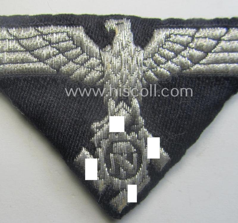 TeNo (ie. 'Technische Nothilfe') officers'-pattern arm-eagle (ie. 'Ärmeladler für Offiziere der TENO') being a (maker-marked!) example as executed in 'BeVo'-weave, 'flat-wire'-pattern onto a ('padded') darker-blue-coloured background — image 2