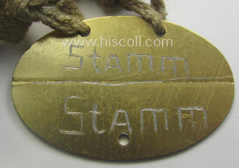 Unusually found - albeit 'standard-issue'-pattern - WH (Kriegsmarine) typical aluminium-based- and/or bright golden-bronze toned ID-disc (ie. 'Erkennungsmarke') bearing the engraved coded numeral (ie. text) that simply reads: 'F.617 Wehr.Beamt.Mar.' — image 4