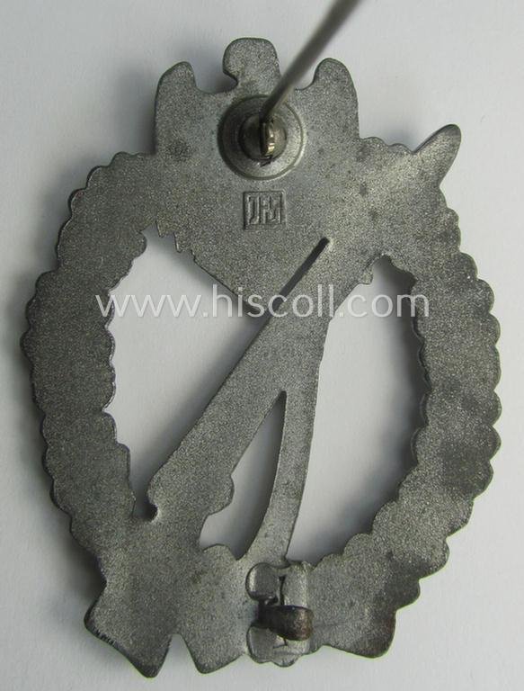 WH (Heeres- ie. Waffen-SS) 'Infanterie-Sturmabzeichen in Silber' (or: silver-class IAB) being a neatly maker- (ie. 'JFS'-) marked example that comes in a truly issued- ie. moderately worn, condition — image 4