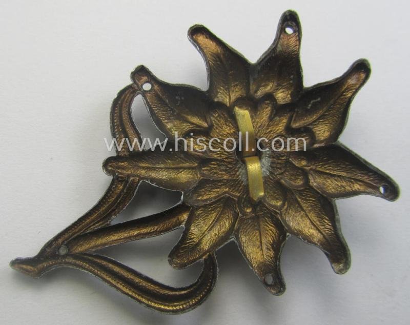 WH (Heeres) (bright) silverish- (ie. golden-) coloured, zinc-based (and neatly maker- ie. 'F&B'-marked) so-called: 'M43'-pattern 'Edelweiss'-cap-badge (ie. 'Mützenabzeichen') — image 2