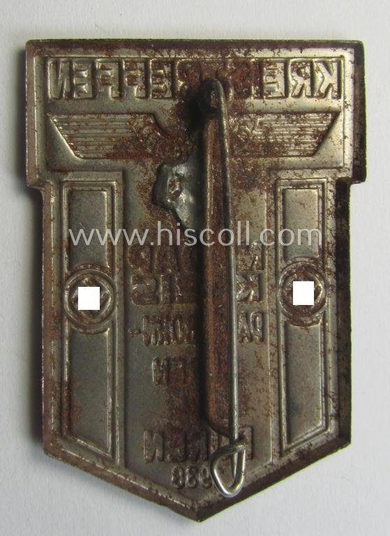 Silverish-toned - and partly bright-red-coloured! - N.S.D.A.P.-related day-badge (ie. 'tinnie') being a non-maker-marked example entitled: 'Kreistreffen NSDAP - Kreis Paderborn Büren in Büren - 1938' — image 2