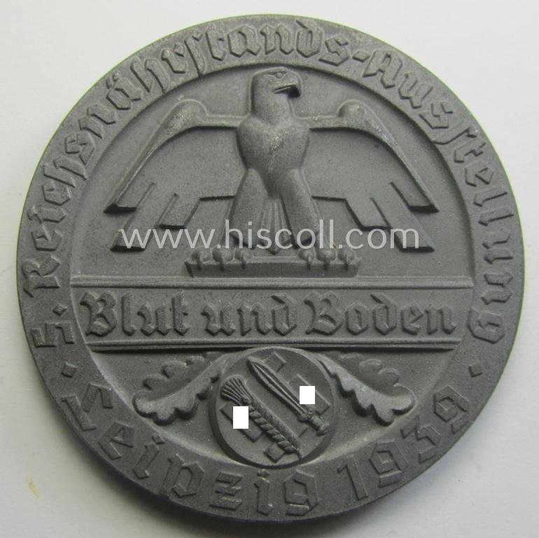 Greyish-silver-toned, 'Reichsnährstand'- (ie. 'RNSt.'-) related, commemorative-award-plaque entitled: 'Reichsnährstands-Austellung - Blut und Boden - Leipzig 1939 - erhitzte Milch' and that comes stored in its period etui — image 5