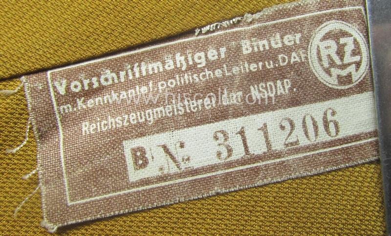 Unusually found, 'generic'-styled, N.S.D.A.P.- (ie. 'politischen Leiter'-related!) linnen-based tie ('Krawatte o. Binder') being a 'virtually mint- ie. unissued' example that still retains is period (linnen-based) 'RzM'-etiket — image 4