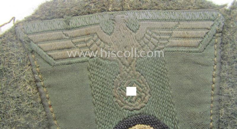 WH (Heeres) so-called: 'T-shaped'- (ie. 'M42-pattern') cap-eagle/cocarde (ie. cap-trapezoid) as executed in 'BeVo'-weave pattern that comes still mounted onto its 'cut-out' cap front-piece — image 2