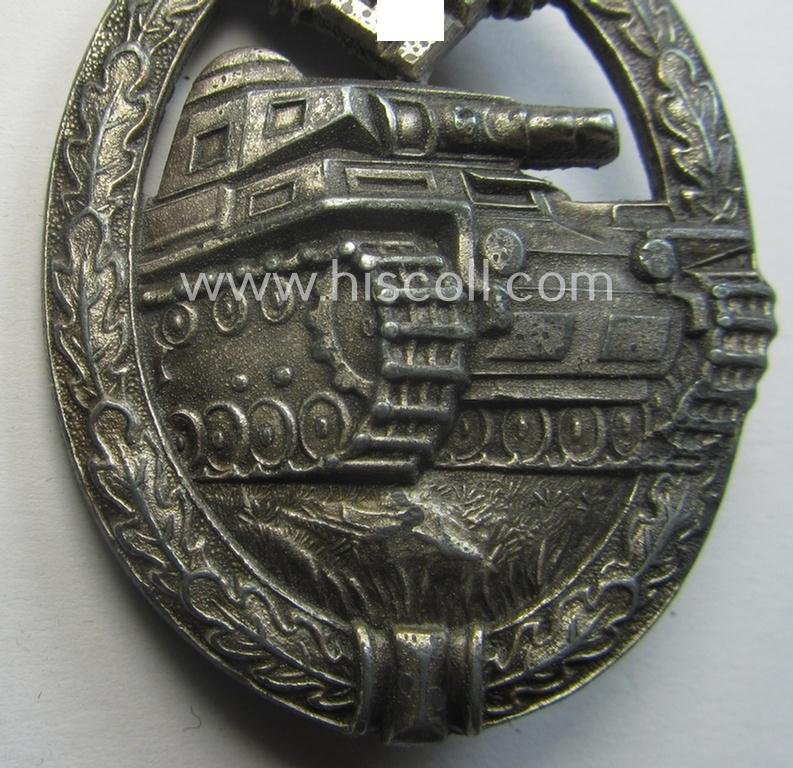 'Panzerkampfabzeichen in Silber' being a neatly maker- (ie. 'HA'-) marked- and/or typical zinc- (ie. 'Feinzink'-) based specimen as was produced by the desirable 'Hersteller' (ie. maker): 'Hermann Aurich' — image 3