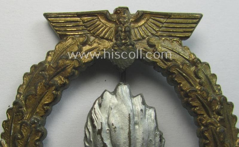 Regrettably denazified, WH (KM) 'Kriegsabzeichen für Minensuch-, U-Boot-Jagd und Sicherungs-Verbände' (being a typical maker-marked, 'Feinzink'-based example as was produced by the: 'Adolf Scholze'-company) — image 2