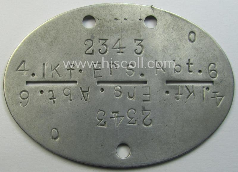 Aluminium-based, WH (Heeres-) transport (ie. 'Nachshub'-) related ID-disc, bearing the clearly stamped unit-designation: '4./Kf.Ers.Abt. 6' and that comes stored in its period- (and personalised!) pouch as issued and/or worn — image 2