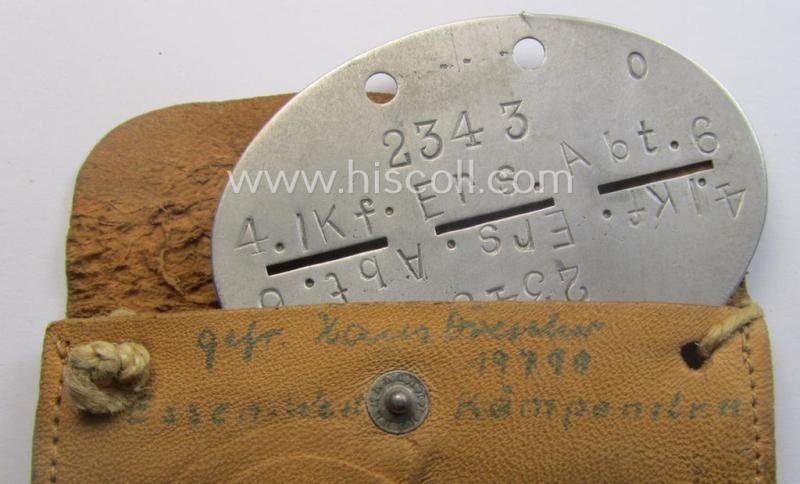 Aluminium-based, WH (Heeres-) transport (ie. 'Nachshub'-) related ID-disc, bearing the clearly stamped unit-designation: '4./Kf.Ers.Abt. 6' and that comes stored in its period- (and personalised!) pouch as issued and/or worn — image 4
