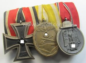 3-pieced, WWII-period medal-bar (ie. 'Ordenspange') showing resp. an: 'EKII.Kl.', a: …